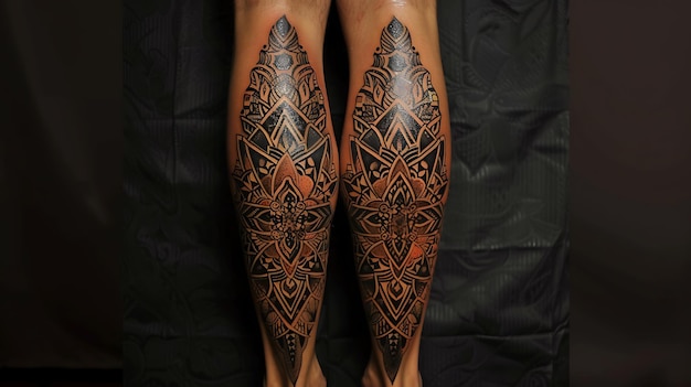 A pair of legs with a symmetrical black tattoo of a mandala the tattoo is intricate and detailed and it covers the entire calf of each leg