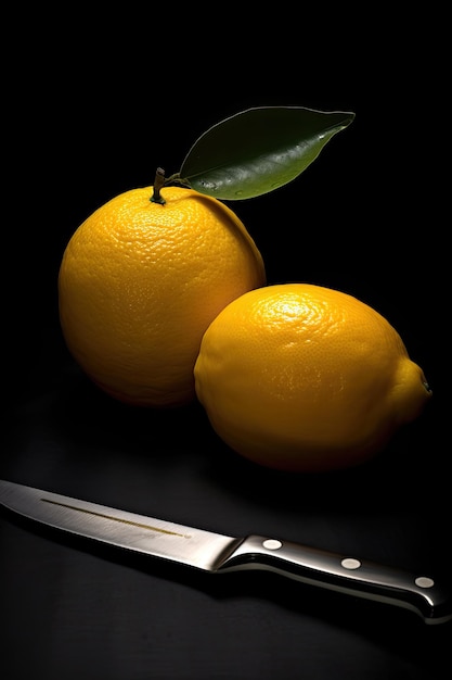 A pair of lemons and a knife are next to a lemon.