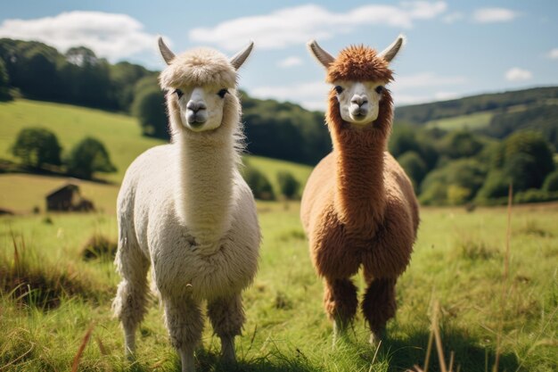 A pair of llamas in the green pasture