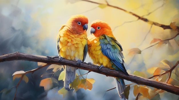 Photo a pair of lovebirds on a branch watercolor soft edges vibrant colors ai generative