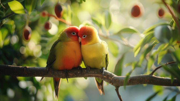 Photo pair of lovebirds cuddled together on a tree branch symbolizing affection and companionship in the avian world