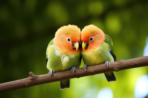 A pair of lovebirds preening each other on a branch