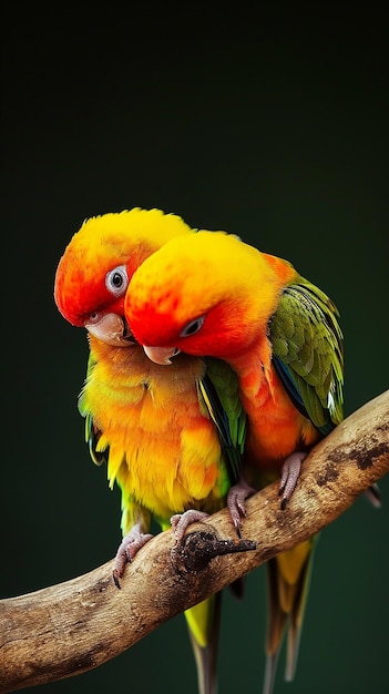 A pair of lovebirds sitting together on a branch