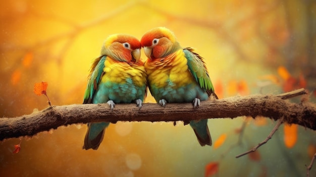 A pair of lovebirds snuggling on a branch AI generated