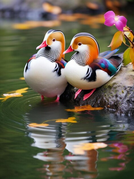 Photo a pair of lovely mandarin ducks in the lake