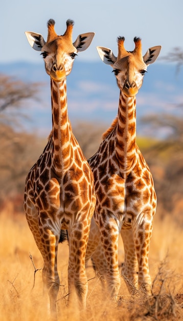 Pair of majestic african giraffes standing gracefully in the vast picturesque savannah