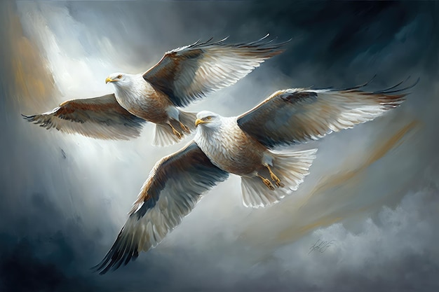 Pair of majestic birds soaring through the skies their wings beating in unison