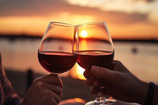 A pair of male hands holds glasses of wine on the ocean Gay couple on a date Romance and love