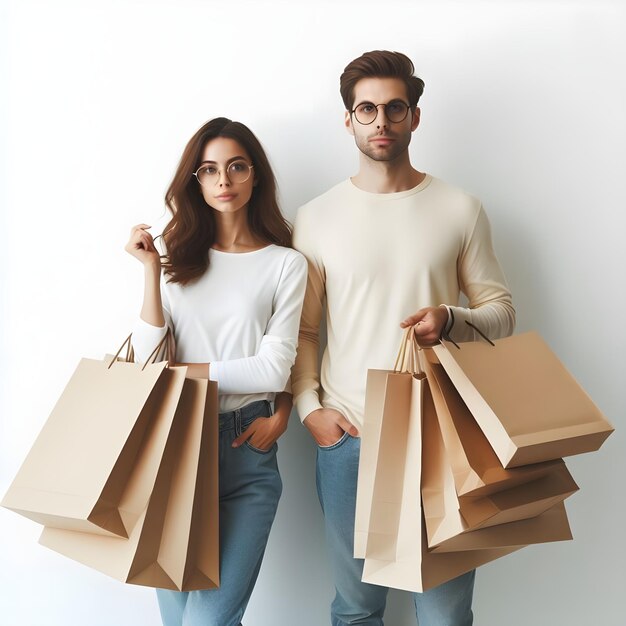 Photo a pair of man and woman wearing glasses and carried lots of paper bags for shopping on white