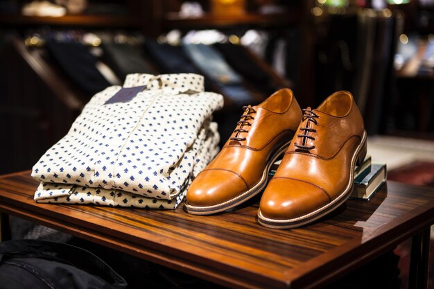 A pair of men's shoes are on a table next to shirts.