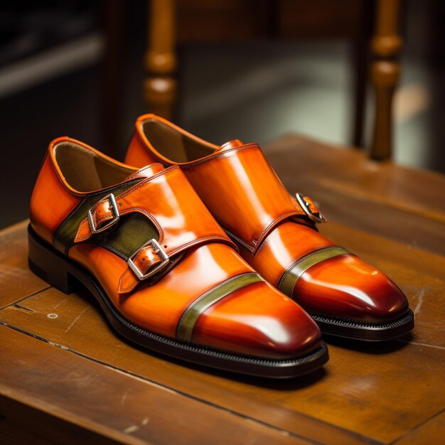 a pair of men's shoes with a red leather sole.