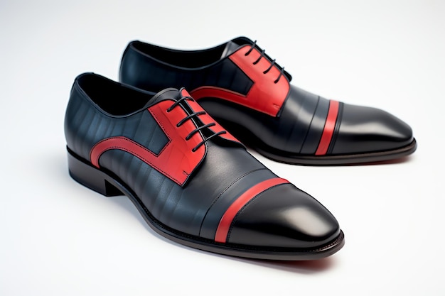 빨간 줄무늬와 검은색 가죽 신발이 있는 남자 신발 한 켤레