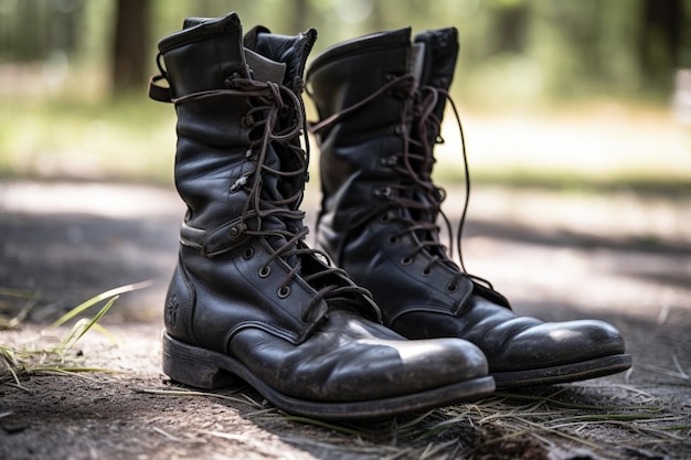 Пара военных ботинок на земле в травяном поле