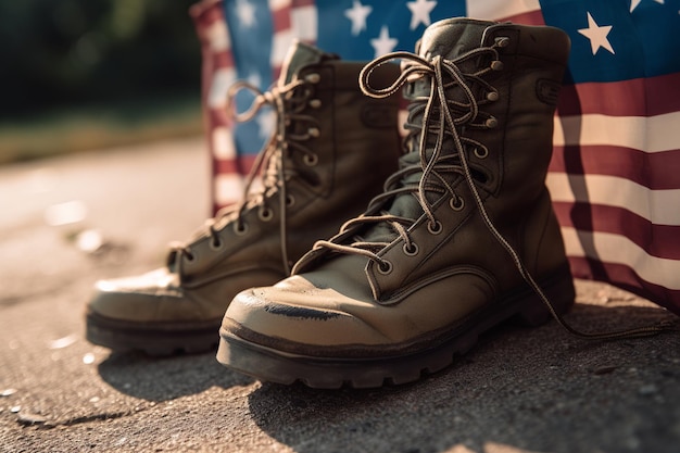 A pair of military boots sits on the ground with the american flag in the background.