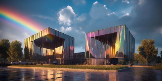 A pair of modern buildings decorated with a rainbow