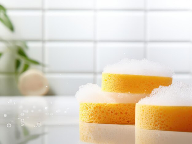 Photo a pair of multicolored sponges lying on a clean background