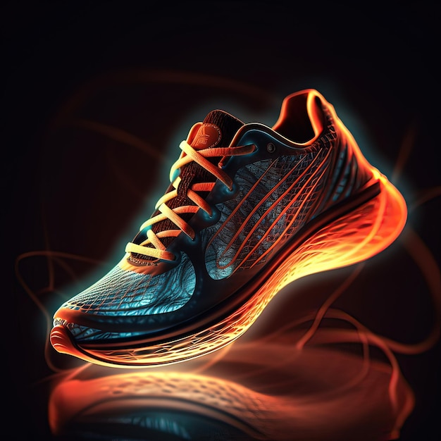 A pair of nike shoes with orange and blue lights.