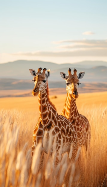 写真 広大なアフリカのサバンナで金色の太陽の光の中に立っている優雅なジラフのペア