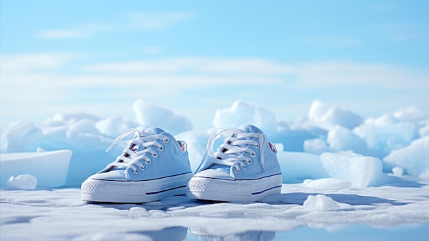 Фото Пара белых кроссовки на ледяном фоне
