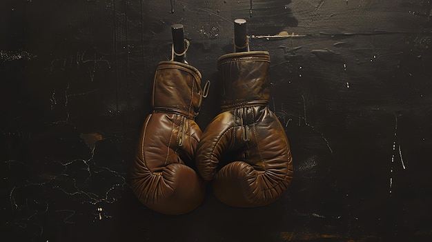 Foto un paio di vecchi guanti da boxe usurati appesi su una parete scura i guanti sono fatti di pelle marrone e sono ben indossati con graffi e lacrime sulla superficie