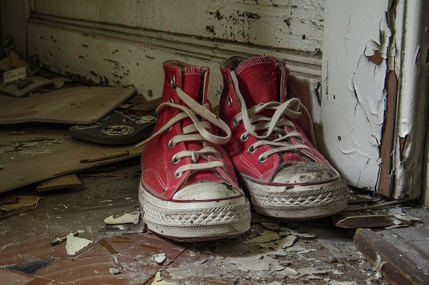 Photo pair of old worn red canvas sneakers