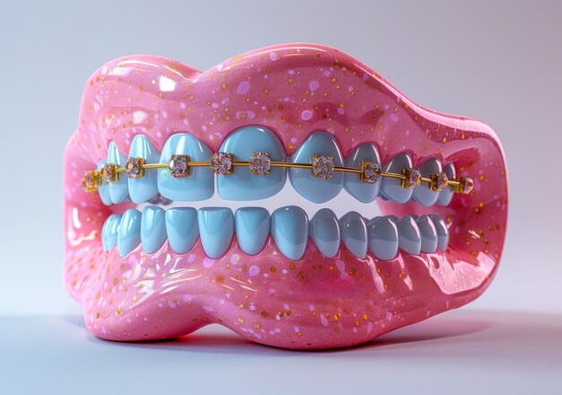 Pair of open mouth with braces on teeth 3D render of a cartoon mouth with braces