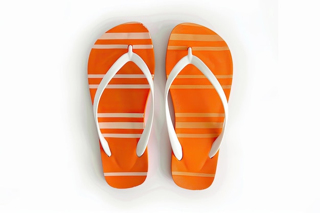 a pair of orange flip flops with white stripes