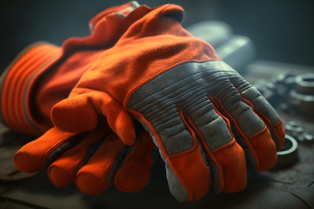 A pair of orange gloves with the word " no " on the side.