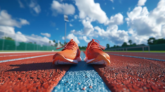 Photo a pair of orange running shoes are on a red running track the shoes are untied and the laces are blowing in the wind