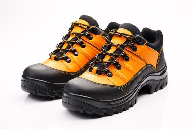 Pair of orange safety leather shoes isolated on white background Work shoes for men in factory