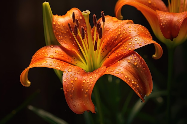 A pair of orange and yellow lilies with water droplets on them