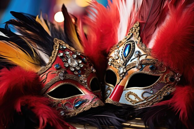 A pair of ornate masquerade masks with feathers