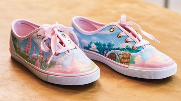 A pair of painted shoes with a castle on the top.