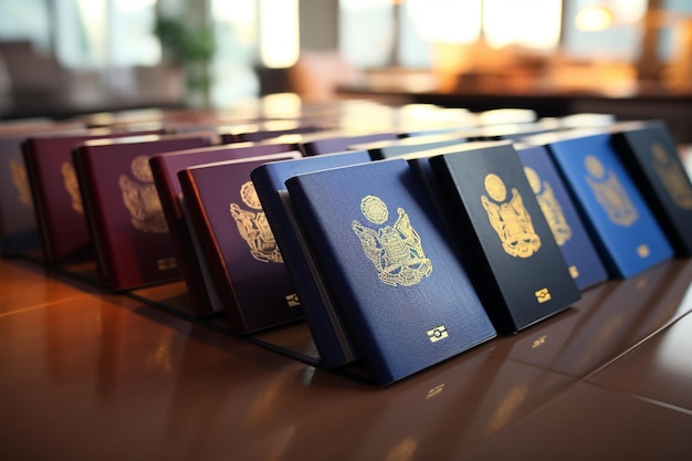 Pair of passports on a wooden table in a hotel lobby