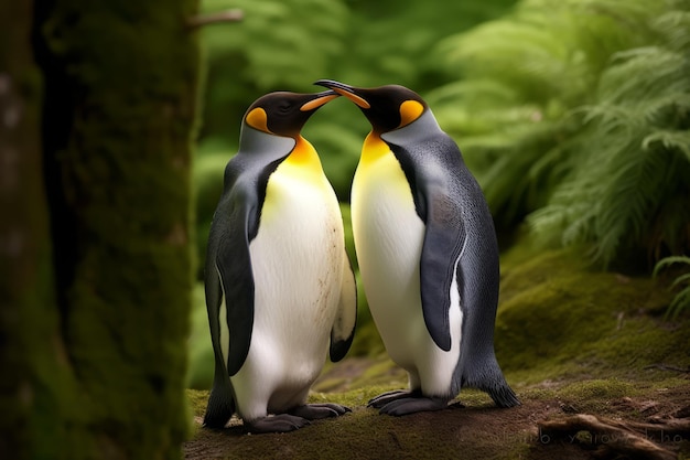 A pair of penguins with their heads together.