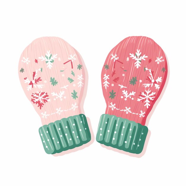pair of pink and green mittens with snowflakes on them generative ai