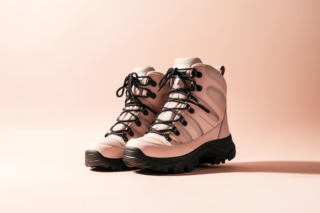 A pair of pink hiking boots with black laces and the word ice on them.