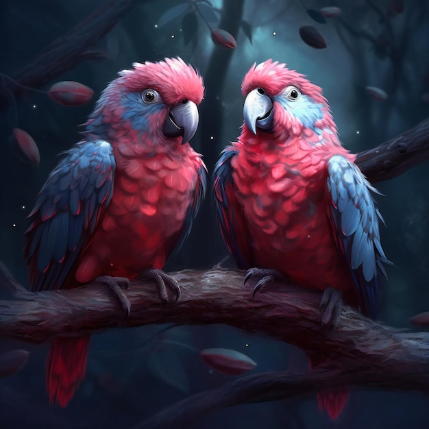 A pair of pink parrots sitting on a branch in the dark