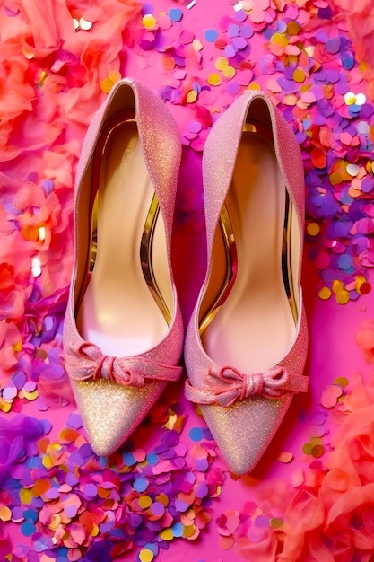 Foto un paio di scarpe rosa sedute sopra un mucchio di confetti ai generativa