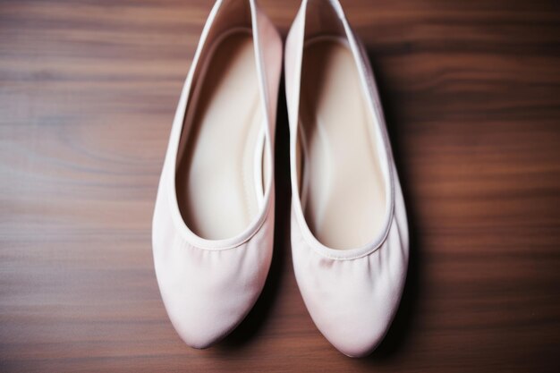 A pair of pink shoes on a wood surface