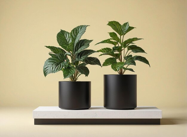 a pair of planters on a white marble base