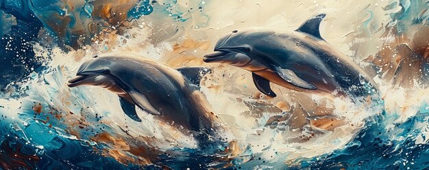 Photo a pair of playful dolphins performing background