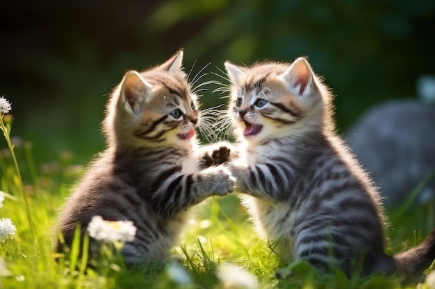 Pair of playful kittens playing in the garden