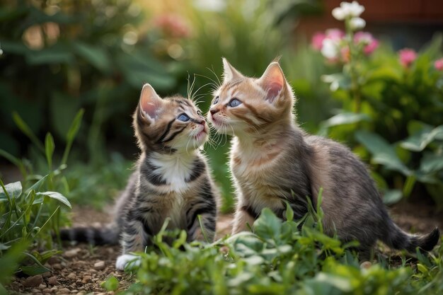 庭で遊ぶ遊び心のある子猫のペア