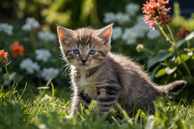 庭で遊ぶ遊び心のある子猫のペア