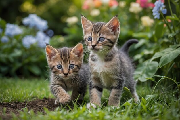 庭で遊ぶ遊び心のある子猫のペア