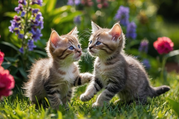 Pair of playful kittens playing in the garden