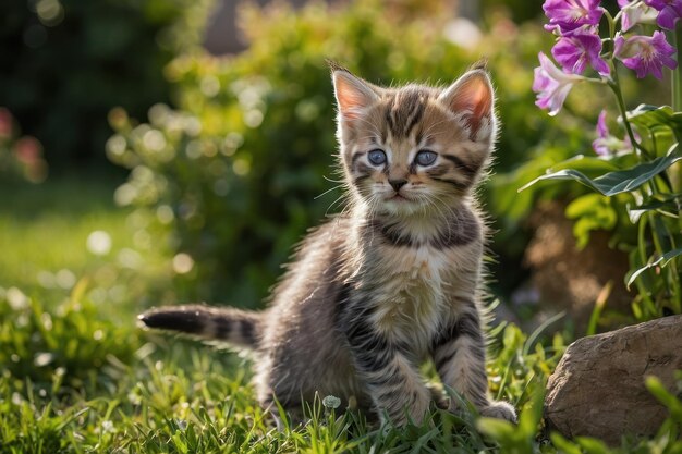 Pair of playful kittens playing in the garden