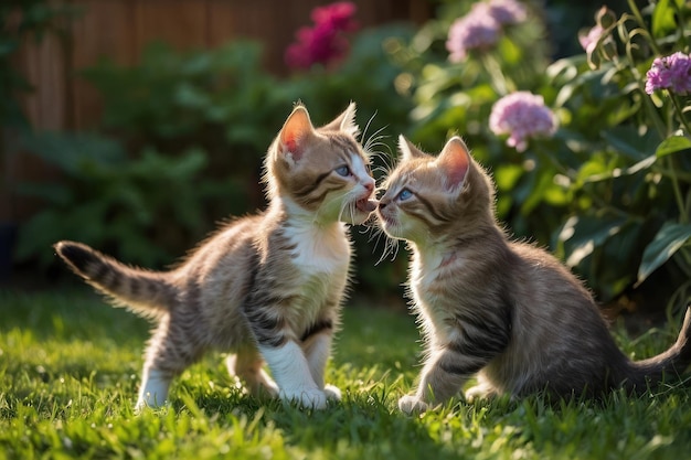 庭で遊ぶ遊び心のある子猫のペア