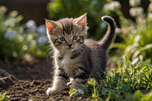 Pair of playful kittens playing in the garden